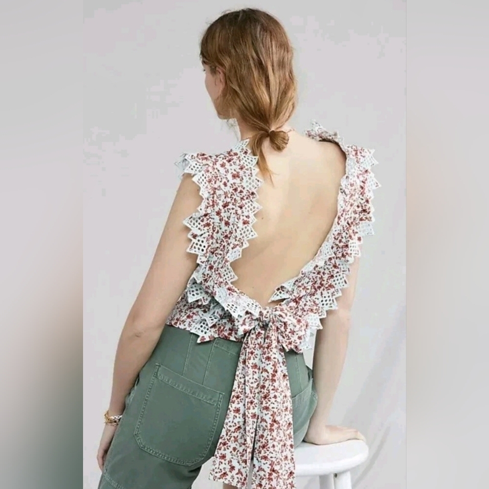 ANTHROPOLOGIE BLUE TASSEL TRINA BACK BOW FLORAL BLOUSE. - Picture 3 of 6